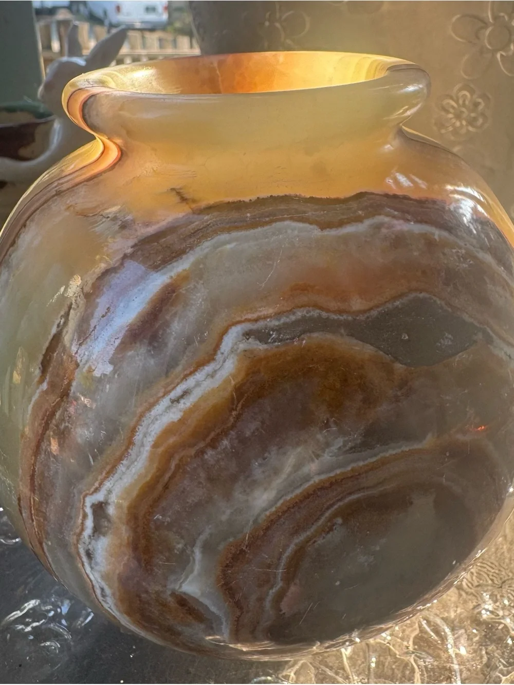 Vintage Polychrome Onyx Stone Vase in Pink, Brown & Green